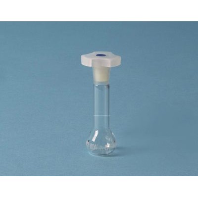 Matràs aforat vidre amb tap plàstic. Capacitat 25 ml