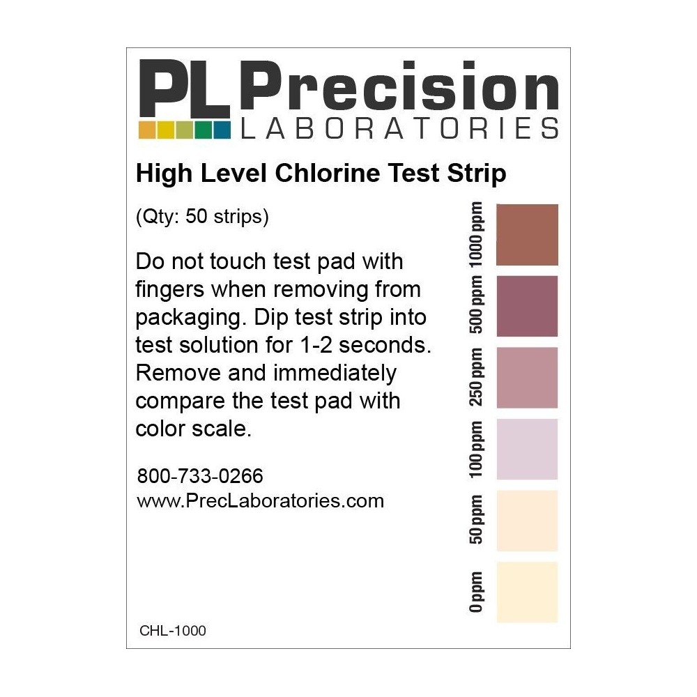 Tiras reactivas cloro 0-50-100-250-500-1000 ppm CHL-100. Tubo 100 unidades
