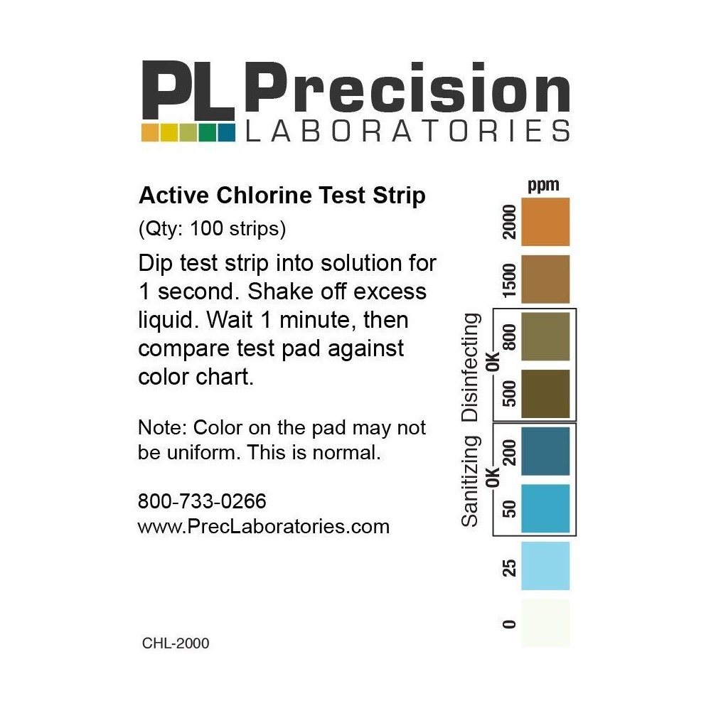 Tires reactives clor 0-25-50-200-500-800-1500-2000 ppm CHL-1000. Tub 100 unitats