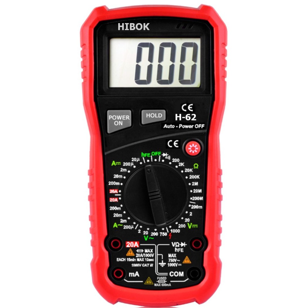 Multímetro digital Hibok-62. VCA-VCC-ACA-ACC-OHM-HFE