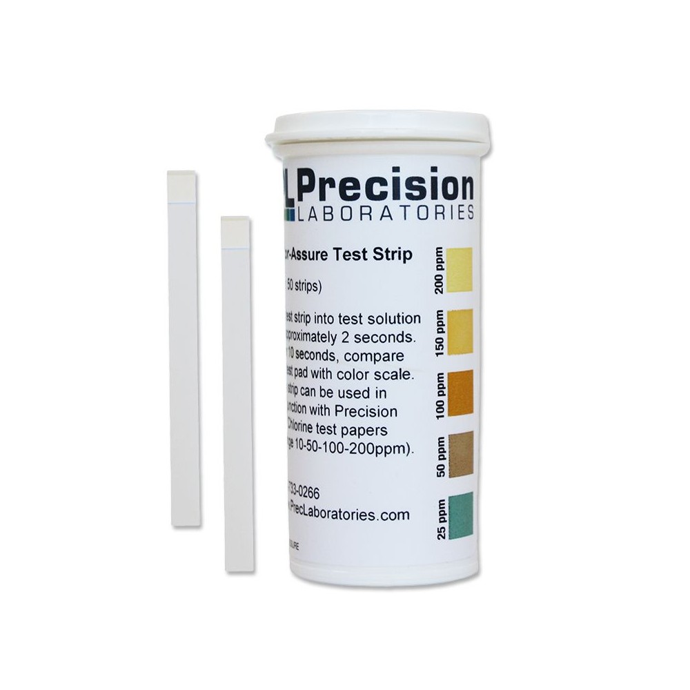 Tiras reactivas cloro  25-50-100-150-200 ppm CHL-ASSURE. Tubo 50 unidades