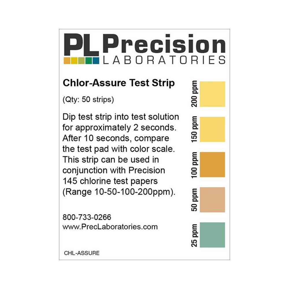 Tires reactives clor 25-50-100-150-200 ppm CHL-ASSURE. Tub 50 unitats