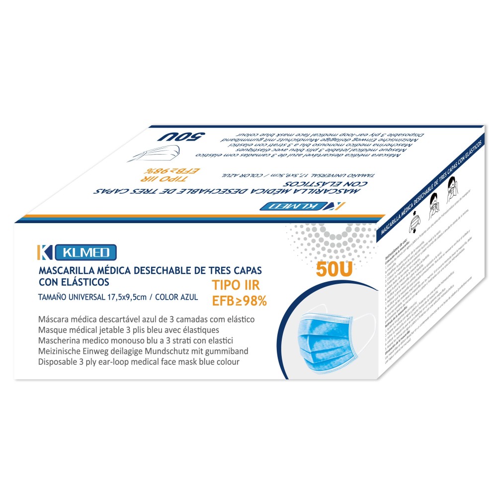 Mascarillas quirúrgicas desechables polipropileno 3 capas tipo IIR. Caja 50 unidades